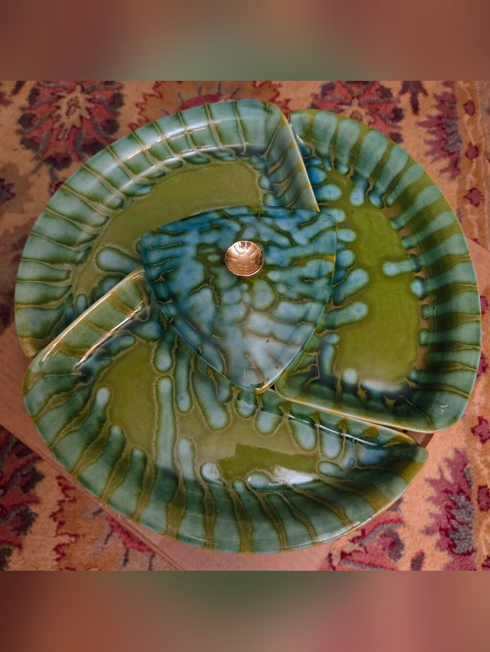 RARE VNTG MCM 1950s California Pottery Chip Dip Set w/Lid, Green Blue Drip Glaze